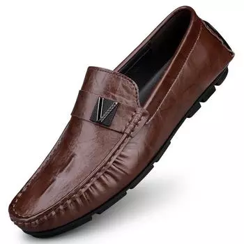 Обувь из натуральной кожи. Мужские лоферы. Удобная повседневная обувь. Мужские мокасины на плоской подошве. Мужская обувь. 38 коричневый