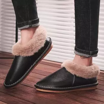 Обувь из натуральной кожи на хлопковой подкладке, нескользящие утолщенные зимние пушистые тапочки с однотонной подошвой, домашние тапочки для пар 38-39