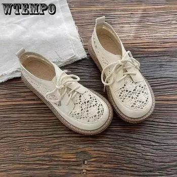 Обувь из сетчатой ткани. Дышащие сандалии с открытым верхом из хлопка и льна. Женские летние студенческие туфли на толстой подошве с большой головкой. 35 бежевый