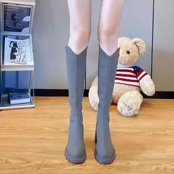 Обувь Эластичные туфли для женщин зимние сапоги до колена женские сапоги с длинным круглым носком черные на платформе Gyaru водонепроницаемые качественные ПУ 35