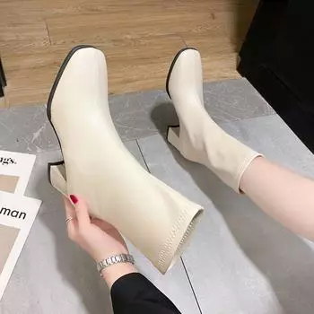 Обувь Элегантные женские сапоги на каблуке, полуботинки для женщин, каблуки до середины голени, белые, распродажа, стильное предложение, готические, новые в натуральную 34