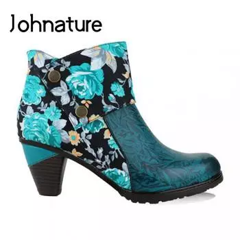 Обувь Johnature с принтом, женские ботинки из натуральной кожи, лаконичные ботильоны на платформе с круглым носком и молнией для отдыха, ручная работа, лаконичные ботильоны на платформе