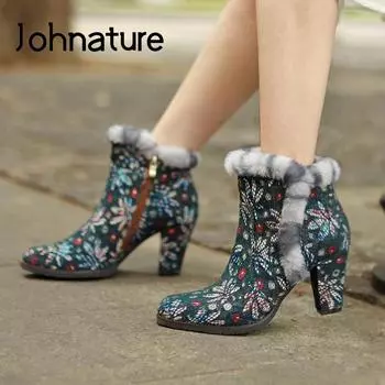 Обувь Johnature с принтом, женские ботинки на высоком каблуке, винтажные кружевные ботинки ручной работы с круглым носком из ткани, лаконичные ботильоны на платформе