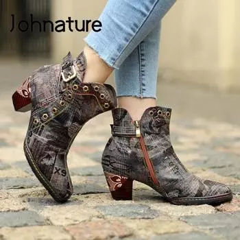 Обувь Johnature с принтом, женские ботинки с круглым носком на молнии, осенне-зимние ботинки из ткани с шитьем в стиле ретро, лаконичные ботильоны ручной работы на платформе