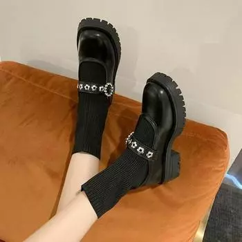 Обувь Kawaii Sock Short Shoes for Women Эластичные Ботильоны Mary Janes Милые женские ботильоны Lolita Новинка зимы 2024 Y2k Pu 35