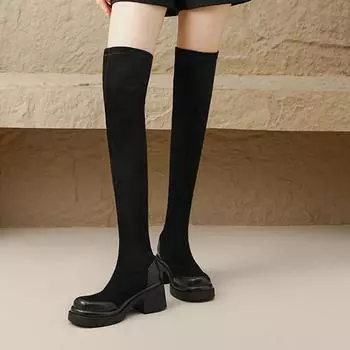 Обувь Krazing Pot Flock осень-зима Эластичные ботинки с круглым носком Сохраняют тепло Сапоги без застежек на толстой подошве Высокие сапоги 34