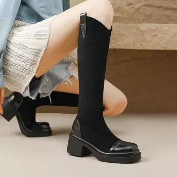 Обувь Krazing Pot Flock осень-зима Эластичные ботинки с круглым носком Сохраняют тепло Сапоги без застежек на толстой подошве Высокие сапоги 34 чёрный