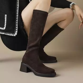 Обувь Krazing Pot Flock осень-зима на среднем каблуке, размер 43, сапоги-трубы с круглым носком, сохраняющие тепло, на молнии, высокие сапоги до бедра 34 чёрный