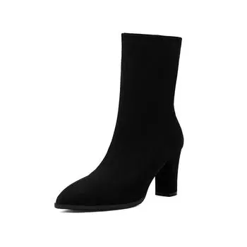 Обувь Krazing Pot Flock осень-зима на толстом высоком каблуке, супер размер, красивые ботинки с острым носком, сохраняющие тепло, на молнии, ботильоны 34 чёрный