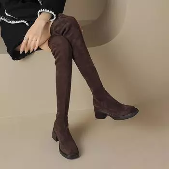 Обувь Krazing Pot Flock осень-зима на среднем каблуке, размер 43, ботинки-трубы с квадратным носком, сохраняющие тепло, без застежек, выше колена 34 чёрный