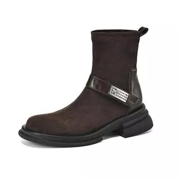 Обувь Krazing Pot Flock осень-зима Винтажные ботинки на толстом каблуке в стиле вестерн с металлическими украшениями Слипоны с круглым носком Теплые ботильоны 34 чёрный