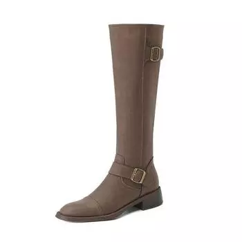Обувь Krazing Pot из натуральной кожи на осень-зиму, сапоги для верховой езды на среднем каблуке, с круглым носком, сохраняющие тепло, с металлической пряжкой, высокие сапоги до бедра 34 чёрный