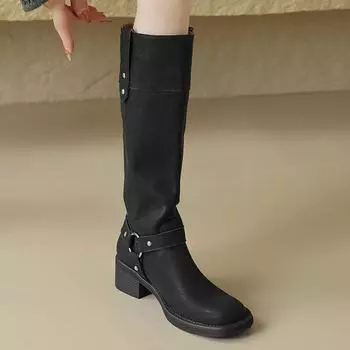Обувь Krazing Pot из натуральной кожи на осень и зиму, высокие сапоги на каблуках средней высоты, с круглым носком, сохраняющие тепло, с металлическими заклепками, высокие сапоги до бедра 34 чёрный