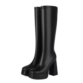 Обувь Krazing Pot PU осень-зима на очень высоком каблуке, сапоги для верховой езды, европейский дизайн, платформа, сохраняющая тепло, высокие сапоги до бедра 34 чёрный