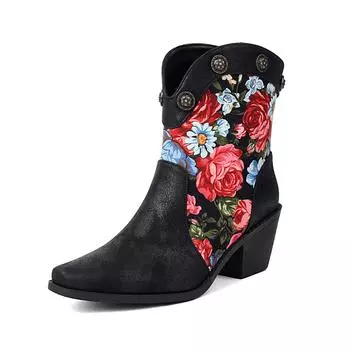 Обувь Krazing Pot PU осень-зима необычный стиль каблуки красивые сапоги острый нос сохраняют тепло заклепки вышитые цветы ботильоны 35 чёрный