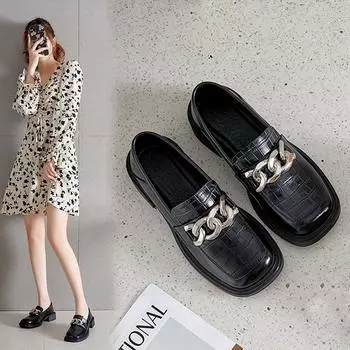 Обувь Lok Fu женская;Новые модные кожаные туфли Мэри Джейн с металлическим узором под крокодила на толстой цепочке и толстом каблуке;обувь 35 чёрный