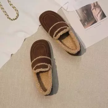 Обувь Mao Mao, которую женщины носят осенью и зимой, обувь для беременных, шапки из овечьей шерсти с одной педалью, туфли на плоской подошве, бархатные туфли из хлопка 35 чёрный