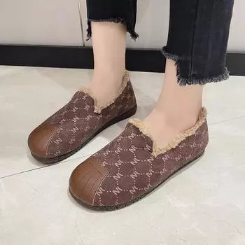 Обувь Mao Mao, женская верхняя одежда, зимняя новая ретро-кэжуал-туфли с одной педалью, круглая шапочка для мамы 35 чёрный