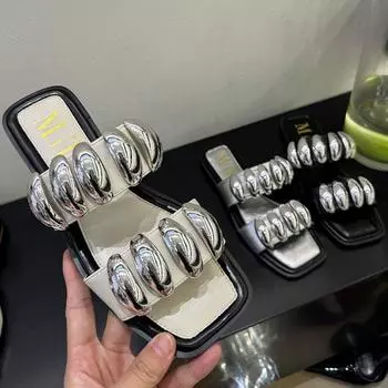 Обувь, модные металлические женские тапочки на плоской подошве, шлепанцы, роскошные пляжные женские туфли на плоской подошве, женские тапочки, сандалии 40 чёрный