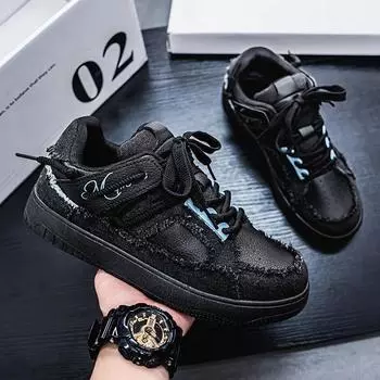 Обувь мужская весна 2025 года, новая обувь в гонконгском стиле, нишевая обувь высокого класса, мужская спортивная и повседневная парусиновая обувь 39 чёрный