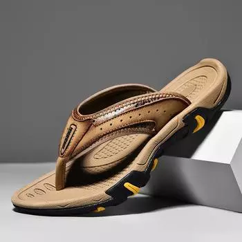Обувь Мужские тапочки из натуральной кожи Пляжные тапочки Мужские сандалии ручной работы Шитье Летняя мужская обувь Мужские шлепанцы 2024 38 хаки
