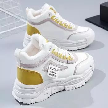 Обувь на хлопчатобумажной подкладке с бархатом. Женская новинка 2022 года. Туфли для папы на платформе на высокой платформе. Спортивная студенческая обувь для девочек. Универсальная повседневная обувь. 35 жёлтый