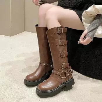 Обувь на каблуке Женская осень и зима 2024 Винтажные сапоги Детские летние тонкие ковбойские сапоги в западном стиле Сапоги на среднем каблуке Кожаные сапоги 35 чёрный