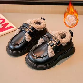Обувь на плоской подошве для девочек, теплая зимняя обувь для принцессы с двойным крючком-петлей 2024 года, новая модная детская кожаная обувь с круглым носком 23 чёрный