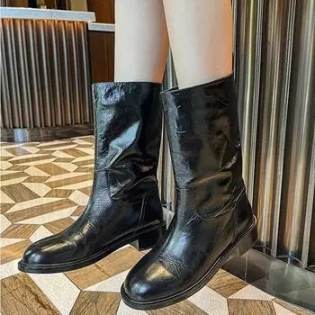 Обувь на среднем каблуке до середины голени для женщин полувысокие женские сапоги меховые новые рок круглый носок шикарный острый и низкая цена качество 35