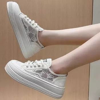 Обувь на танкетке для женщин Кроссовки Женская обувь Модные кроссовки на платформе Белые кружевные сетчатые туфли Женские оригинальные в 2024 году zapatos mujer 35 чёрный