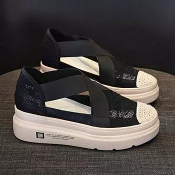 Обувь на танкетке Сандалии 2024 Распродажа Sapato Feminino Элегантный кружевной ремешок Tienda Soludos Цветочный вязаный крючком Wrap Slingback Эспадрильи на танкетке 34 чёрный