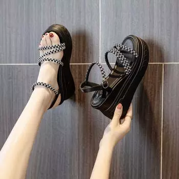 Обувь на танкетке Женская обувь на каблуке Diamond Sandals для женщин на танкетке с платформой Водонепроницаемая летняя обувь 2024 года, супер-высокая, для улицы, черная 35