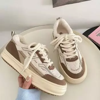 Обувь на толстой подошве, женская новая осенне-зимняя плюшевая женская спортивная повседневная обувь из овечьей шерсти, корейская хлопковая обувь 35 коричневый