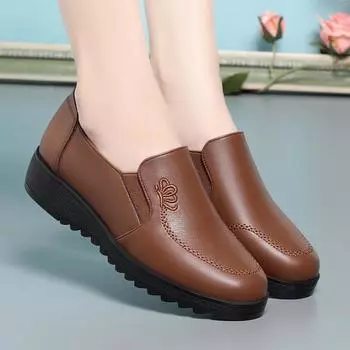Обувь обувь для новой мамы мягкая кожа мягкая подошва вышитая кожаная обувь для среднего и пожилого возраста круглая головка глубокий нос одинарные туфли удобные 35