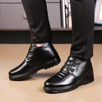 Обувь обувной фабрики для отцов среднего и пожилого возраста, зимняя новая 2024 года, бархатная, утолщенная, теплая, кружевная, повседневная, мужская, кожаная обувь 39 чёрный