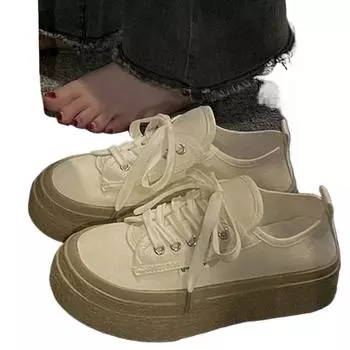 Обувь парусиновые кроссовки на платформе женские 2024 мода толстая подошва новые повседневные флок с перекрестной завязкой круглый носок ткань шнуровка сплошной резиновый 35