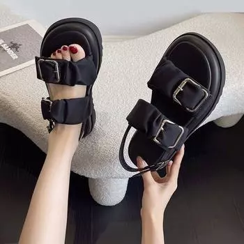 Обувь Пляжная женская обувь на танкетке с платформой Водонепроницаемые сандалии для женщин Бежевый Лето 2024 Средний каблук Пряжки Trend H Vip 35