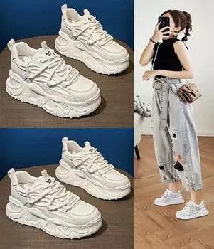 Обувь Pops, женские, шоу-футы, маленькие летние сетчатые дышащие кроссовки с толстой подошвой, высота маленьких белых женских туфель 35 бежевый