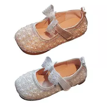 Обувь принцессы для девочек, детская модная кожаная детская обувь с бантом и стразами, вечерние туфли на плоской подошве с блестками для маленьких детей, летние туфли 24
