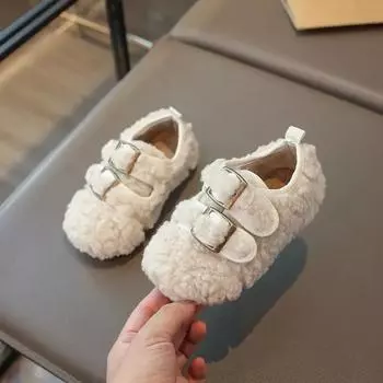 Обувь принцессы для девочек, нескользящая, элегантная, детская, плоская, мягкая подошва, 2024, зимняя, новая, модная, детская, танцевальная обувь, двойная застежка-липучка 21 бежевый