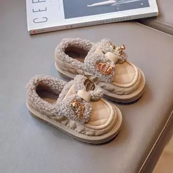 Обувь принцессы для девочек с милым бантом, теплая детская обувь, нескользящая, зимняя, 2024, новая мода, симпатичная детская обувь на плоской подошве, элегантная, универсальная 23 чёрный