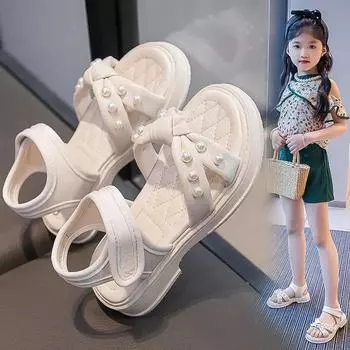 Обувь принцессы для маленьких девочек 2024 года, летние новые сандалии с жемчугом для вечеринки, свадьбы, детская нескользящая пляжная обувь для отпуска 26 бежевый