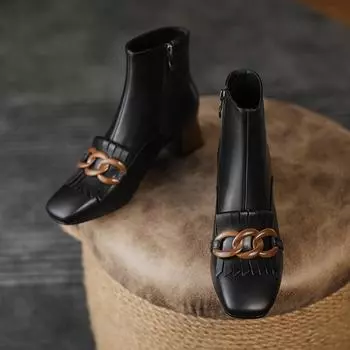 Обувь Qirui Первый слой кожи, большие размеры, ботильоны, кисточки, боковая молния, мода Short Plush Lining 34 абрикосовый