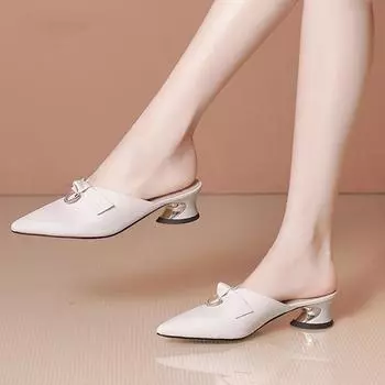 Обувь Роскошные мюли из искусственного камня Женские тапочки и сандалии Кожаные туфли с острым носком Белоснежные украшения Кристаллы Дизайнерские шлепанцы 35