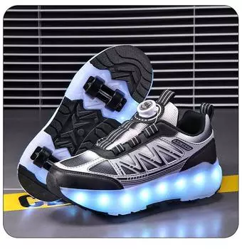 Обувь Runaway для детей 6-12 лет, женские четырехколесные съемные детские роликовые коньки, для мальчиков, с зарядкой через USB, светящиеся деформированные туфли 29