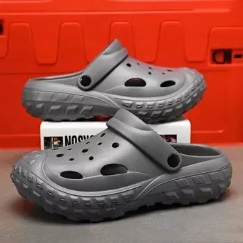 Обувь с дырочками для мужской летней верхней одежды. Противозапаховые, противоскользящие, мягкая подошва, удобные, дышащие пляжные тапочки 43 чёрный