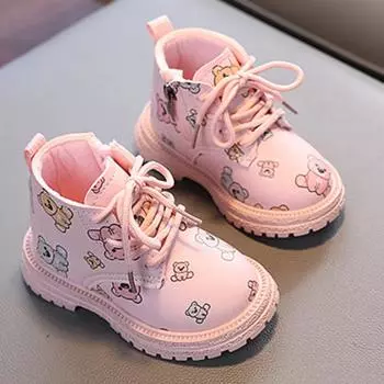 Обувь с милым мультяшным медведем для девочек, Новое поступление, зимняя обувь для девочек, детские короткие сапоги с принтом для маленьких девочек 21 розовый