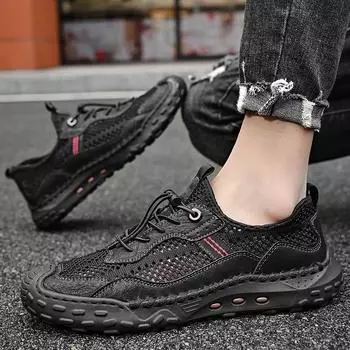 Обувь с сеткой, мужская летняя дышащая повседневная обувь без шнуровки, спортивная противоскользящая обувь больших размеров с прошитой вручную подошвой для походов вверх по течению 38 чёрный