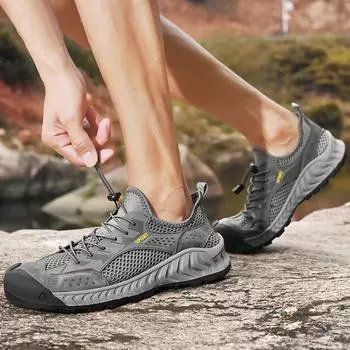 Обувь с сеткой, мужские дышащие полые верхние сандалии без шнуровки, легкие уличные нескользящие походные туфли с закрытым носком 38 серый