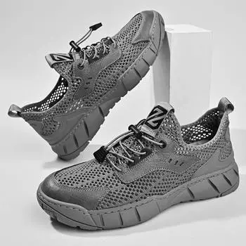 Обувь с сеткой, мужские летние новые дышащие повседневные Нескользящие слипоны с мягкой подошвой, уличные кроссовки без завязок 38 чёрный